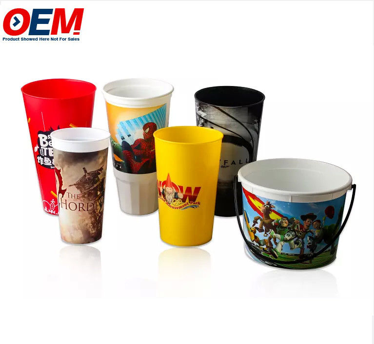OEM ถังป๊อปคอร์นพลาสติกพิมพ์ลายการ์ตูนคุณภาพดีพร้อมฝาปิดสำหรับโปรโมชั่น
