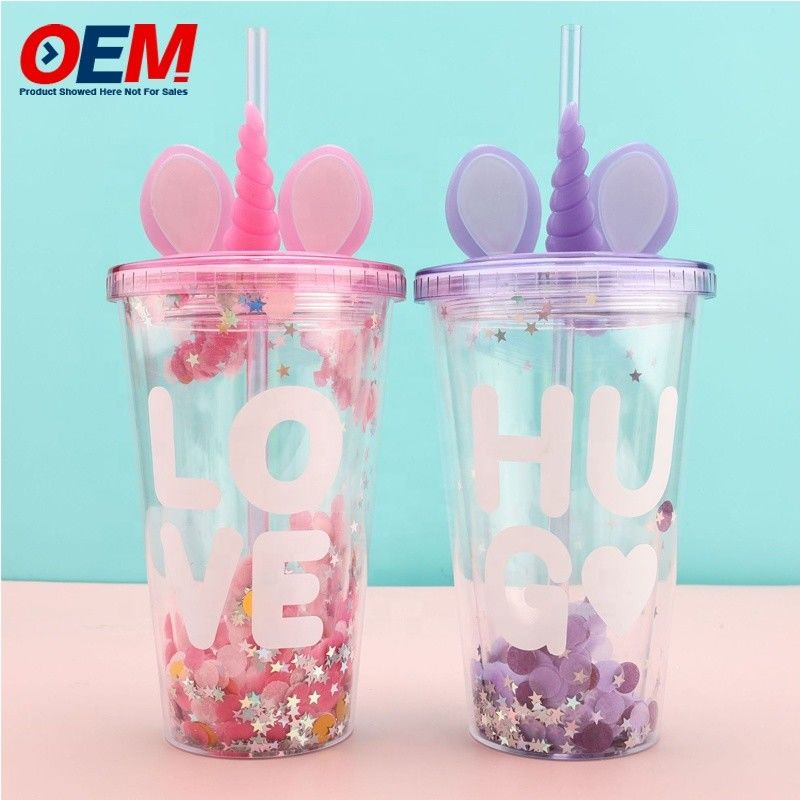 โรงงานที่กําหนดเอง PP Double Wall Cup With Straw OEM พลาสติกคัพ